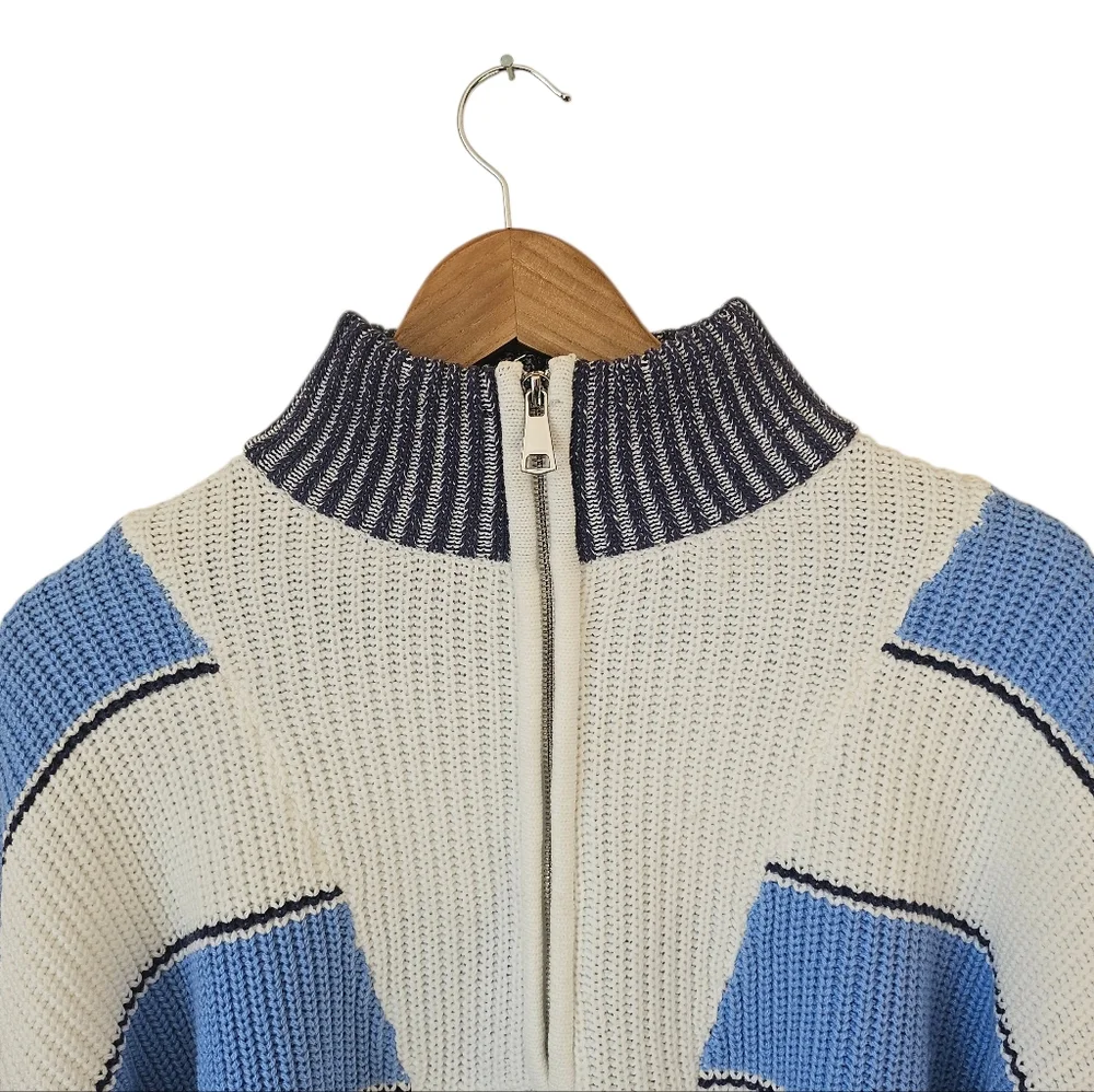Elan Sloane Cotton Blend Half-Zip Pullover Sweater Blue Ivory Contemporary Sz S - Picture 6 of 9